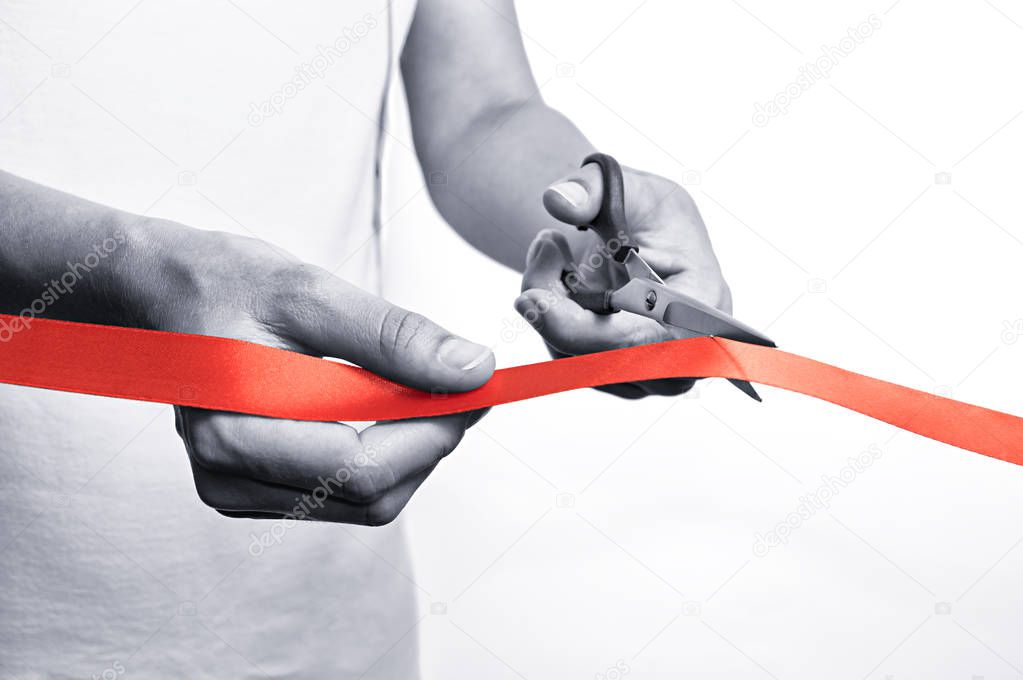 Solemn ribbon cutting, black and white