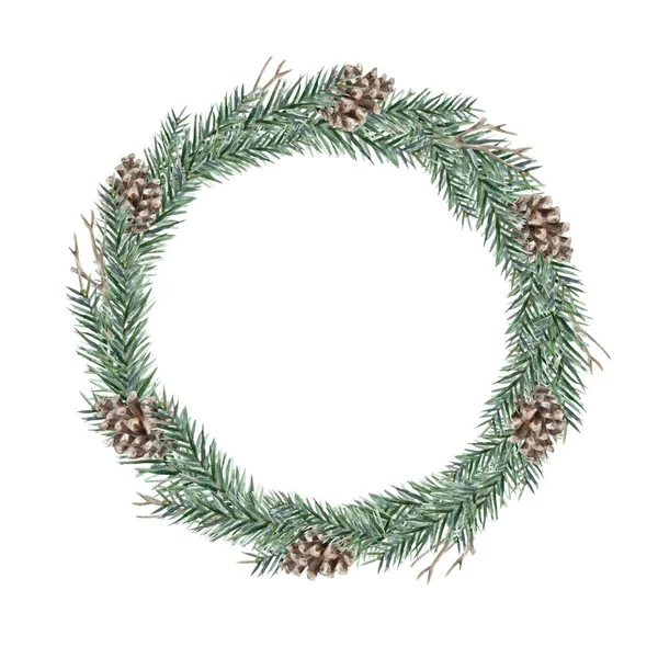 Akwarela Boże Narodzenie wieniec gałęzi jodły i szyszki — Zdjęcie stockowe