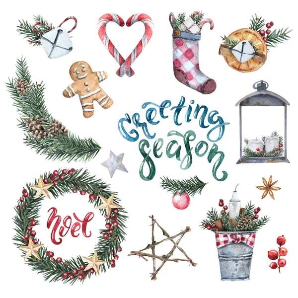 Watercolor Merry Christmas set of traditional decor and elements — Stock Photo, Image