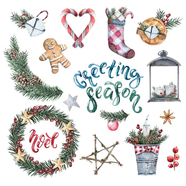 Watercolor Merry Christmas set of traditional decor and elements