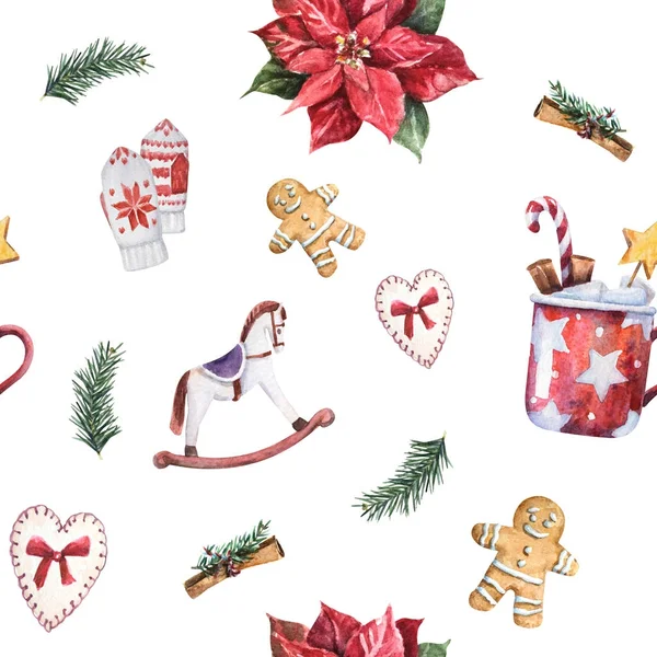 전통적인 장식과 수채화 크리스마스 패턴입니다 전나무 뜨거운 코코아 멜로와 머그잔의 — 스톡 사진