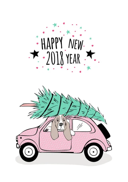 Щасливий новий 2018 рік з автомобілем — стоковий вектор