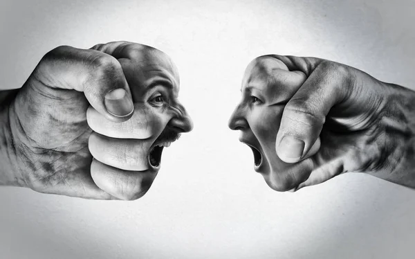 Two Fists Male Female Face Collide Each Other Light Background — Stock Photo, Image