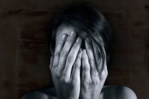 Concept Fear Shame Domestic Violence Woman Covers Her Face Hands — Stock Photo, Image