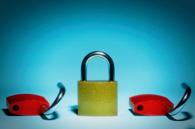 Kapalı kilit merkezidir. Her iki tarafta iki kesmek kilit var. Ağ güvenliği, virüs koruma, veri koruma kavramı.