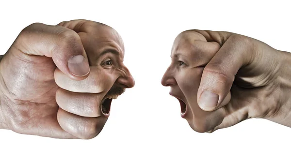 两拳与男性和女性的脸在孤立的 白色的背景上相互碰撞 家庭纠纷等概念 — 图库照片