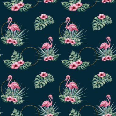 Flamingo, monstera yaprakları ve hibiscus çiçek suluboya tropikal seamless modeli. Modaya uygun desen duvar kağıtları, web sayfası arka planlar, kumaş için.