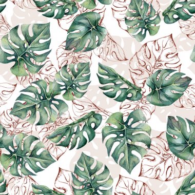 Suluboya ve anahat monstera ile tropikal Dikişsiz desen bırakır. Modaya uygun desen duvar kağıtları, web sayfası arka planlar, kumaş için.