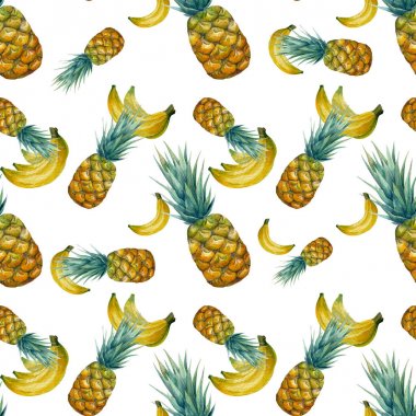 Parlak ananas ve muz ile suluboya tropikal seamless modeli. Sulu desen duvar kağıtları, web sayfası arka plan, kumaş ve diğer ürünler için.