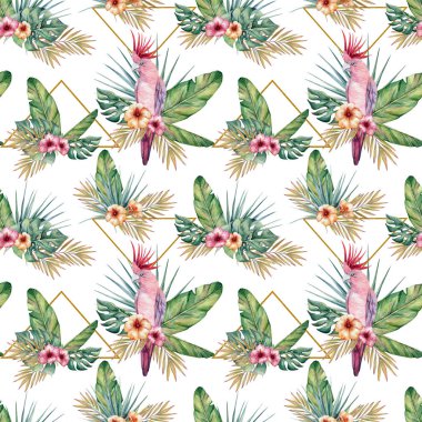 Papağan, hibiscus çiçek, muz ve monstera suluboya tropikal Dikişsiz desen bırakır. Duvar kağıtları, web sayfası arka plan, kumaş ve diğer ürünler için altın elemanları ile modaya uygun desen.