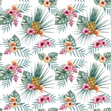 Ananas, tropikal çiçek ve yaprak suluboya tropikal seamless modeli. Trendy çiçek desenli duvar kağıtları, web sayfası arka plan, kumaş ve diğer ürünler için.