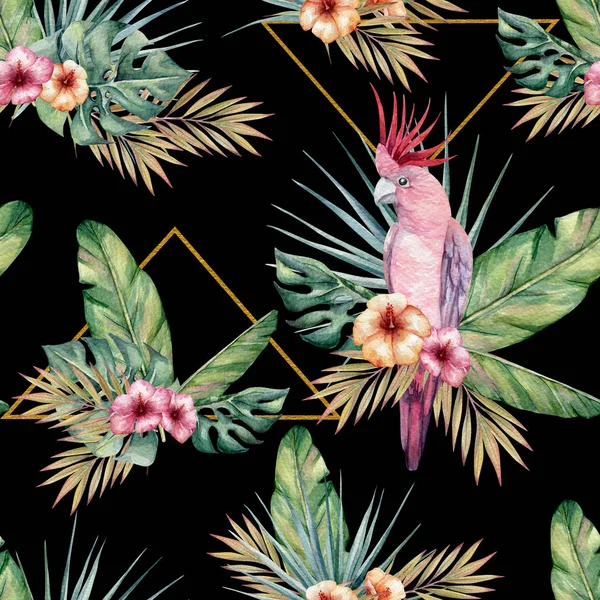 Aquarel Tropische Naadloze Patroon Met Papegaaien Hibiscus Bloemen Banaan Monstera — Stockfoto