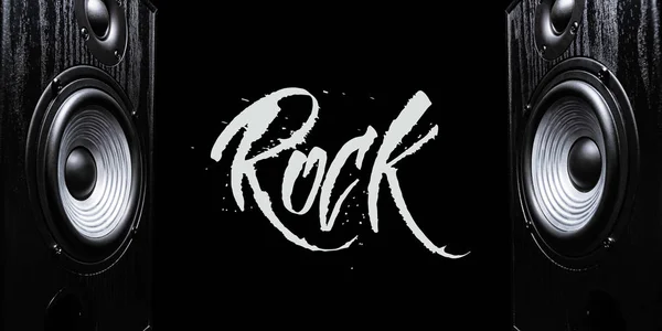 Dois Alto Falantes Som Com Palavra Desenhada Mão Rock Entre — Fotografia de Stock