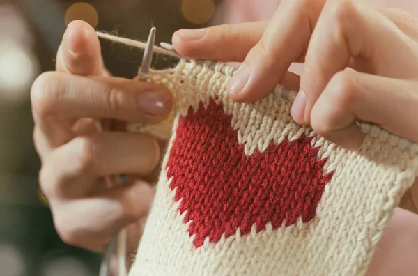 Concept Love Concern Woman Knitting Red Heart Her Loved One — Stock Photo, Image