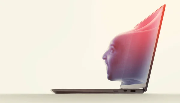 Ανθρώπινο Κεφάλι Κινείται Μέσα Από Την Οθόνη Ενός Φορητού Υπολογιστή — Φωτογραφία Αρχείου