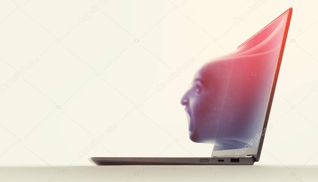 The human head moves through screen of a laptop. Concept of hacking, Identity theft, threat artificial Intelligence.