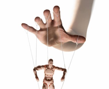 Kontrol kavramı. Marionette insan elinde. Resim beyazda.