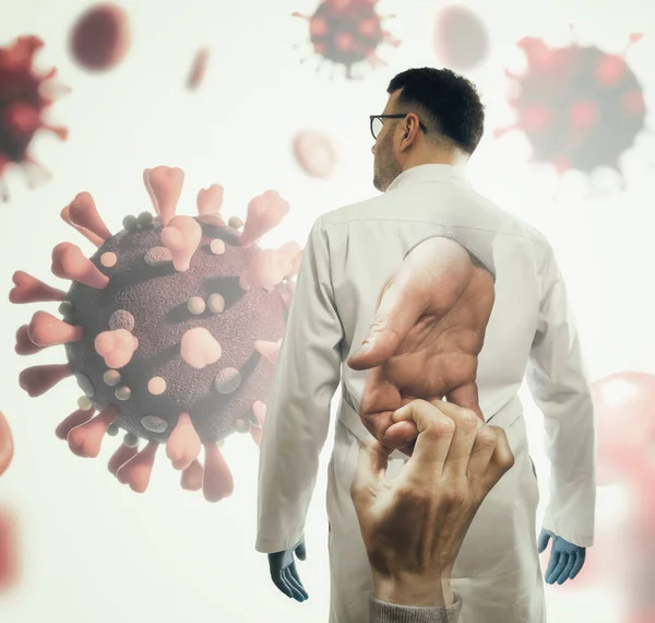 Imagen Doble Exposición Con Médico Modelo Coronavirus Concepto Rescate Pandemia — Foto de Stock