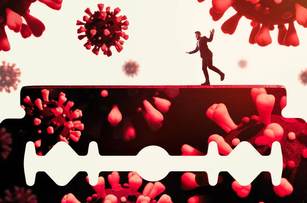 The concept of high risk for coronavirus infection. The man is walking along the razor\'s blade on coronavirus background.