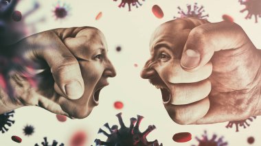 Koronavirüs arka planında kadın ve erkeğin yüzüyle iki yumruk çarpışıyor. Meydan okuma, aile içi şiddet, Coronavirus covid-19 salgını sırasında aile kavgası.. 