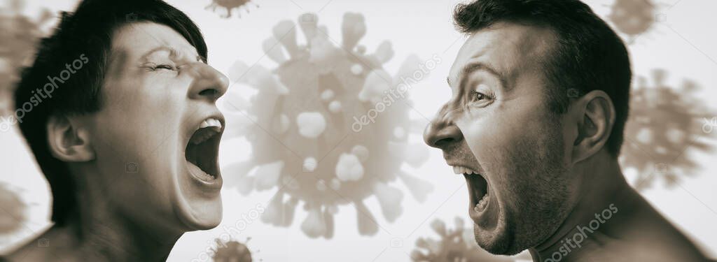 Man and woman yell at each other on background with coronavirus. Black and white.