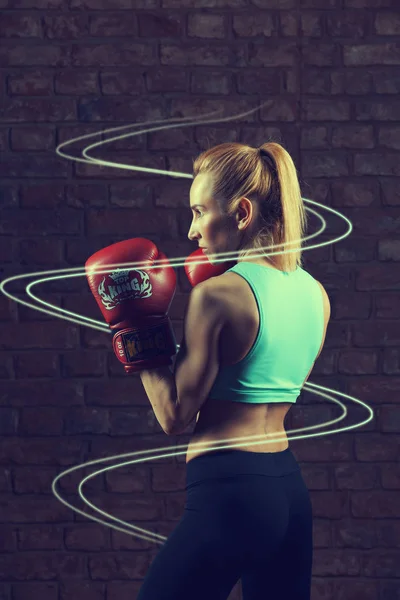 Linhas Brilhantes Torno Menina Luvas Boxe — Fotografia de Stock