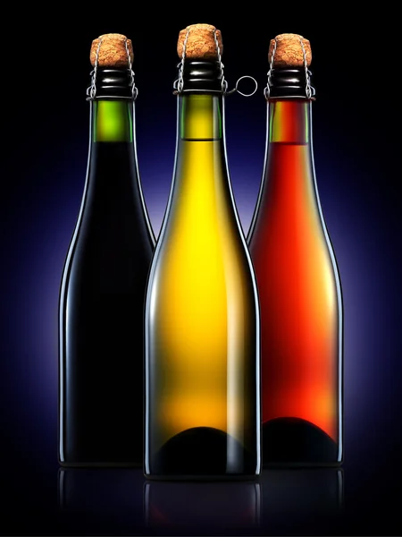 Satz Bierflaschen isoliert auf schwarzem Hintergrund — Stockfoto