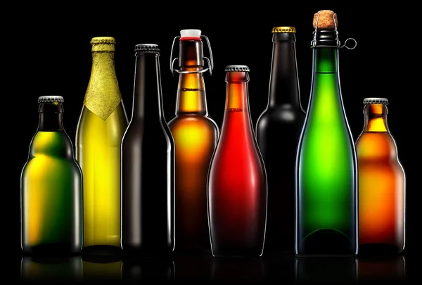 Set di bottiglie di birra isolate su sfondo nero — Foto Stock