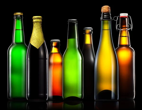 Set of beer bottles isolated on black background — Stock Photo, Image