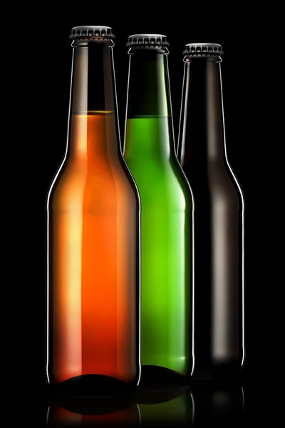 Set of beer bottles isolated on black background — Stock Photo, Image