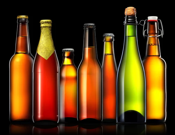 Set di bottiglie di birra isolate su sfondo nero — Foto Stock