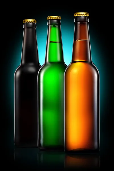 Sada lahví piva izolované na černém pozadí — Stock fotografie