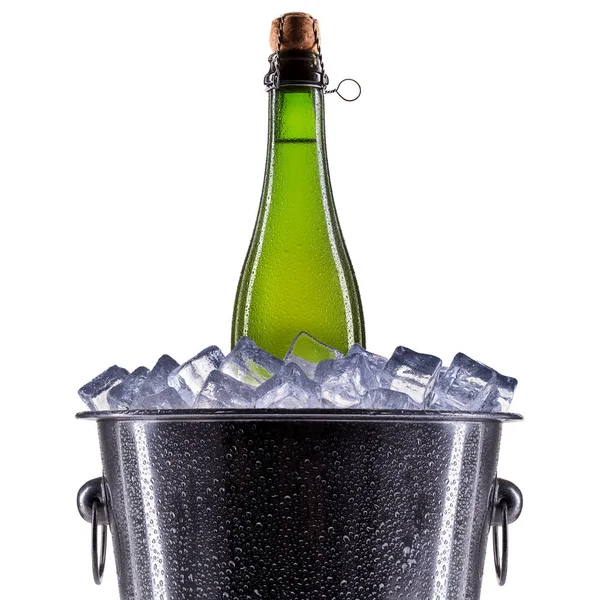 Ice bucket with beer on white — Stock Photo, Image