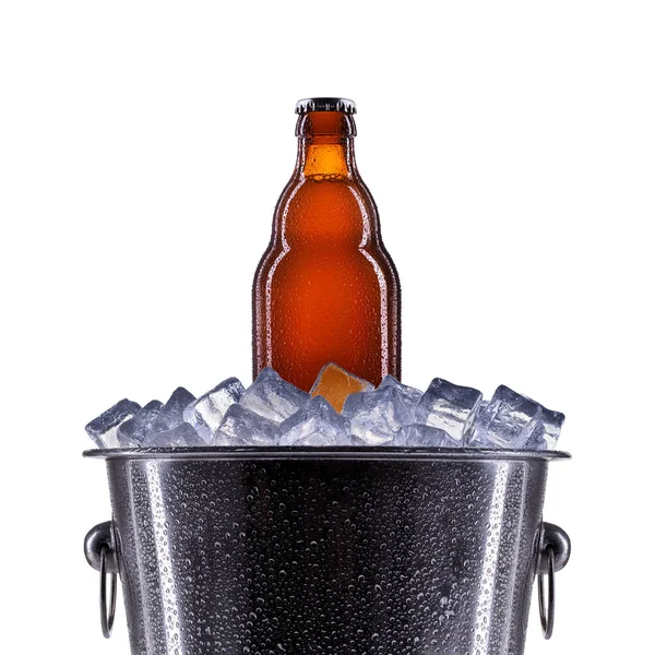 Ice bucket with beer on white — Stock Photo, Image