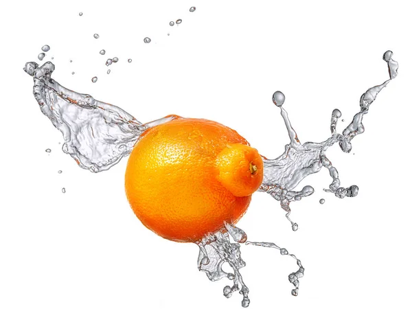 Plusk wody z mandarynka na białym tle — Zdjęcie stockowe