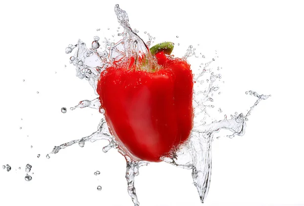 Water splash with bell pepper isolated — Stock Photo, Image