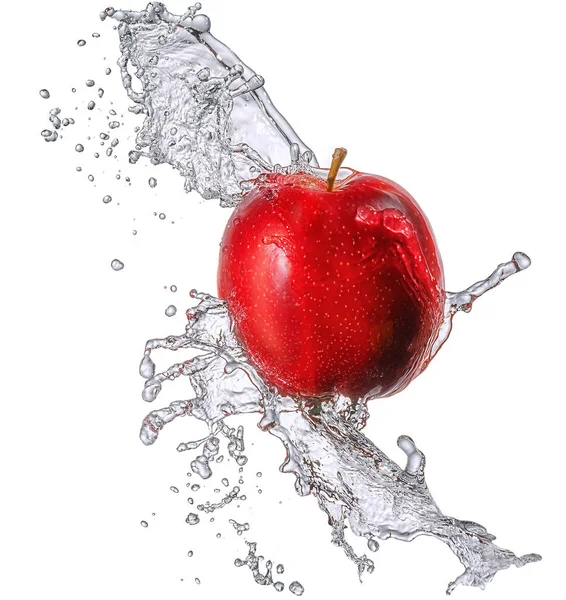 Salpicadura de agua con manzana aislada — Foto de Stock