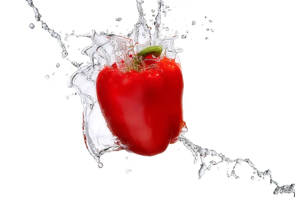 Water splash with bell pepper isolated — Stock Photo, Image