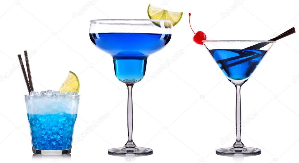 Blue cocktail in glass isolated on white