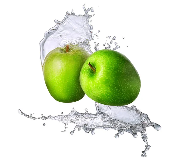 Spruzzi d'acqua con mela isolata — Foto Stock