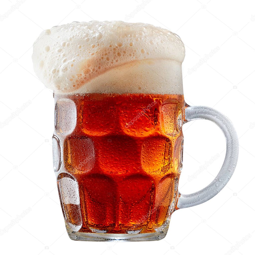 Mug of frosty dark red beer with foam