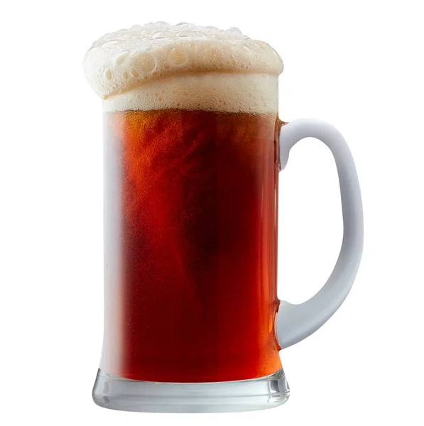 Mug of frosty dark red beer with foam — Stock Photo, Image