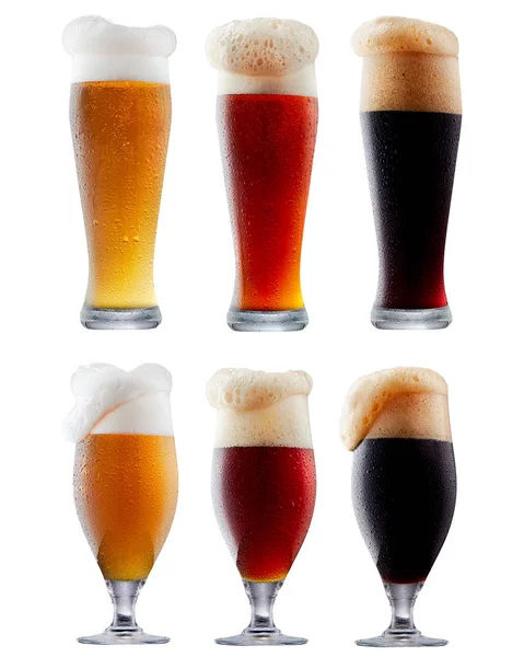 Mug collection of frosty beer with foam — Stock Photo, Image