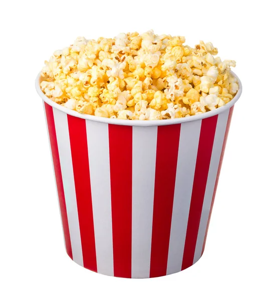 Papper randig hink med popcorn isolerad på vit bakgrund — Stockfoto