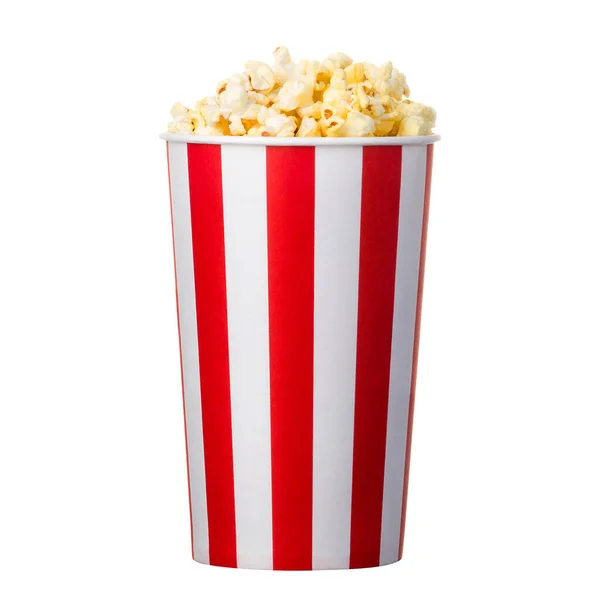 Papieren gestreepte emmer met popcorn geïsoleerd op witte achtergrond — Stockfoto