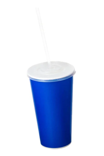 Taza azul con tapa y tubo aislados sobre fondo blanco — Foto de Stock