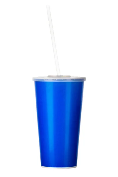Niebieski kubek z wieczkiem i tubką izolowane na białym tle — Zdjęcie stockowe