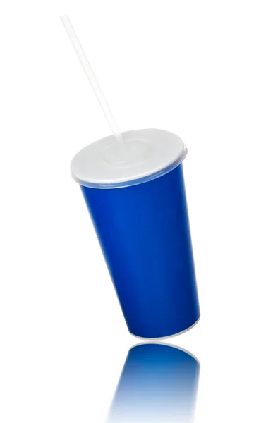 Tazza blu con tappo e tubo isolato su sfondo bianco — Foto Stock