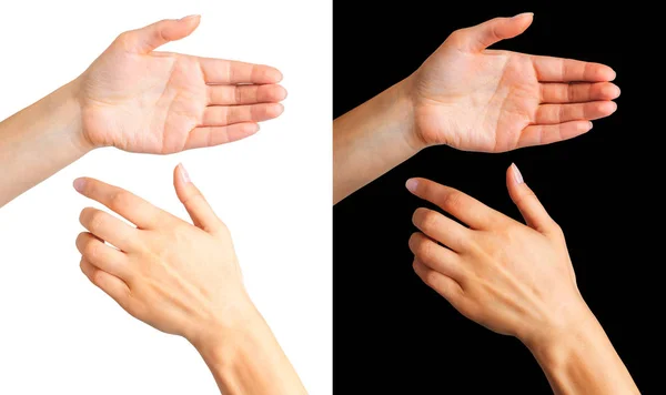 Uppsättning kvinnor händer visar gest isolerad på en vit och svart — Stockfoto