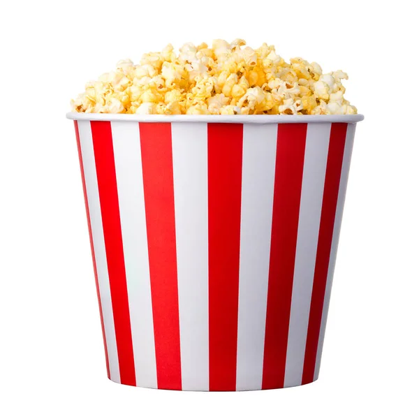 Papper randig hink med popcorn isolerad på vit bakgrund — Stockfoto